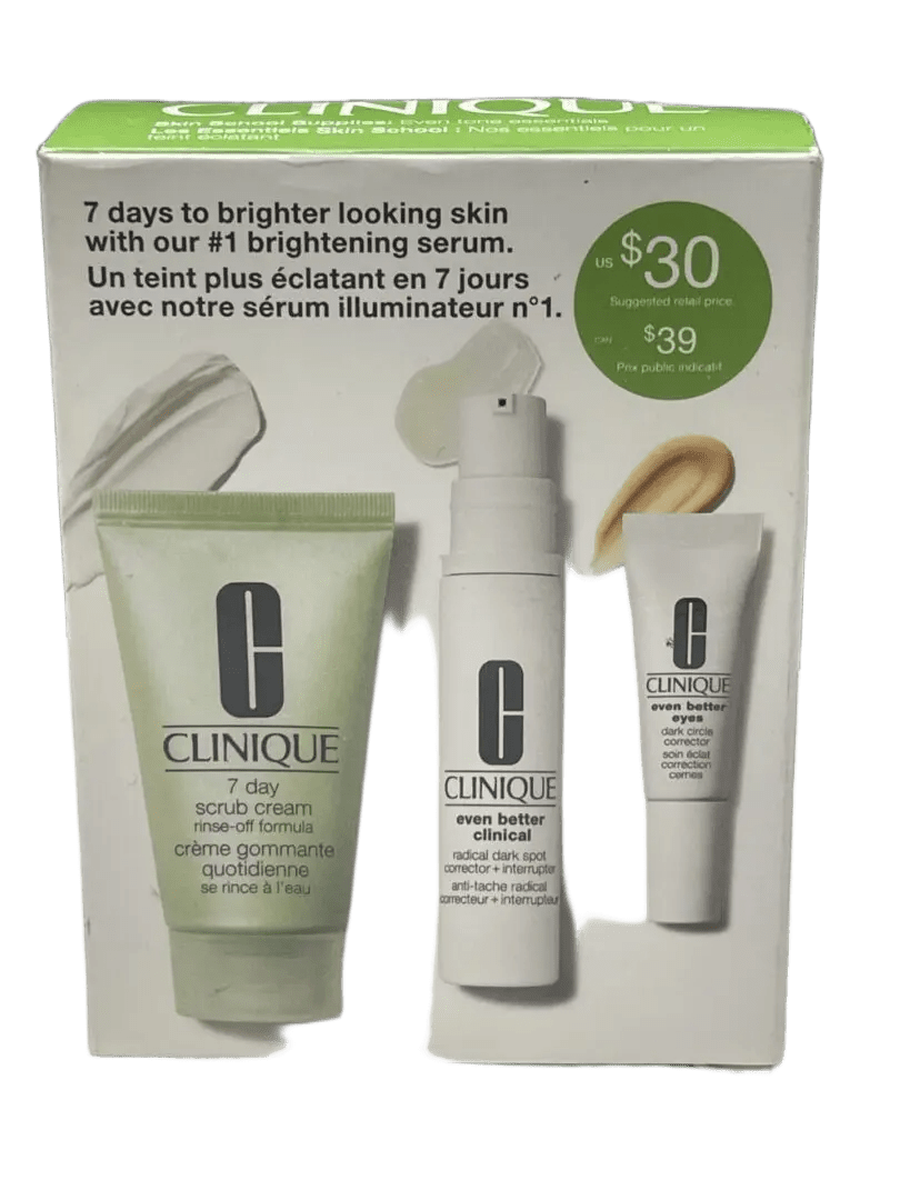 Clinique skincare set promoting brighter skin in 7 days with a $30 value offer.