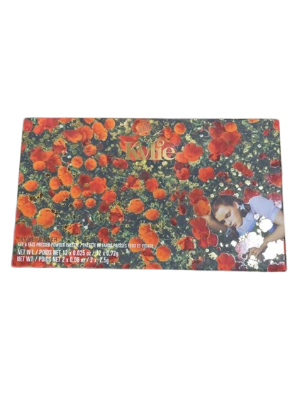 Colorful postcard featuring a field of orange flowers and a dog.