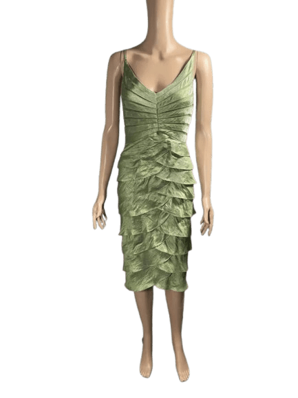 Green sleeveless dress with ruffled layers and V-neckline.