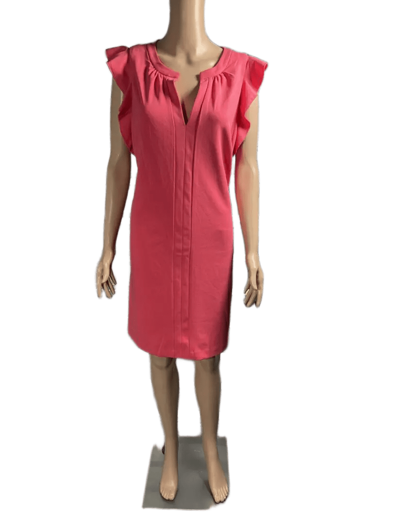 Woman wearing a vibrant red knee-length dress with a V-neck and cap sleeves.