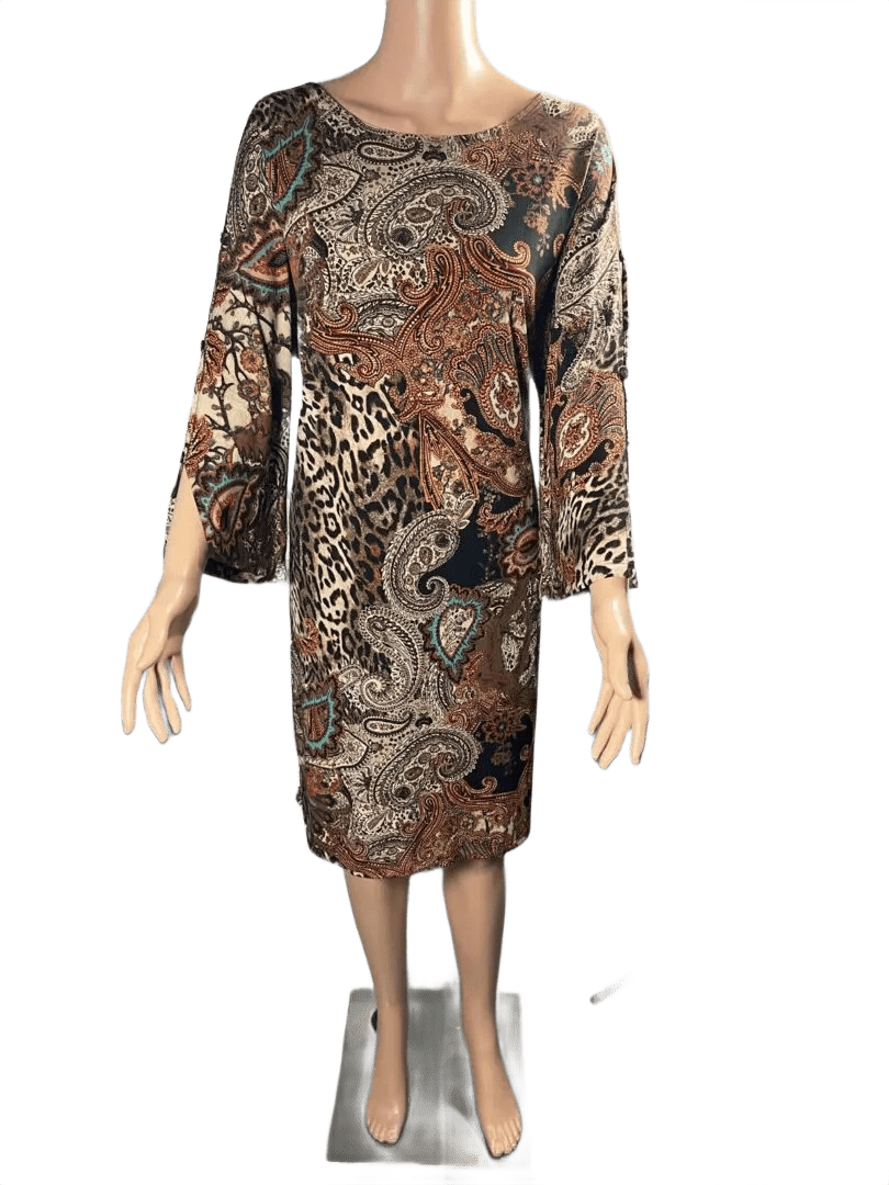 Elegant long-sleeve dress with intricate paisley patterns in earthy tones.