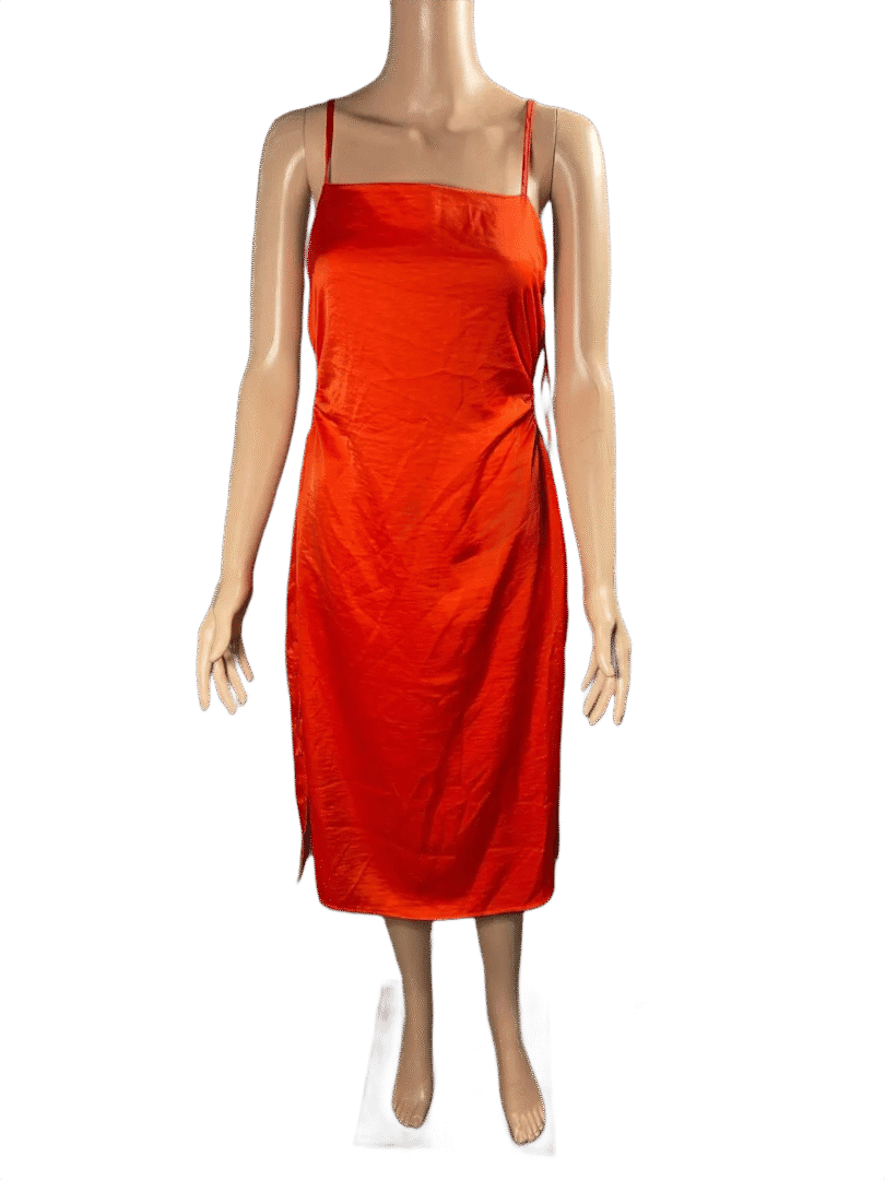 Elegant red satin midi dress with thin straps.