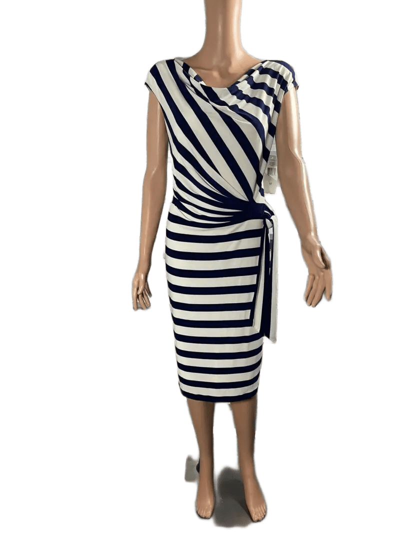 Sleeveless navy and white striped dress with a knee-length asymmetrical hem.