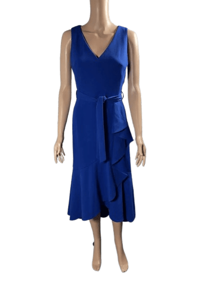 Elegant sleeveless blue dress with a V-neck and ruffled hem.