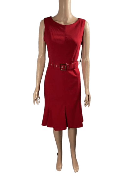 Elegant sleeveless red dress with a belted waist.