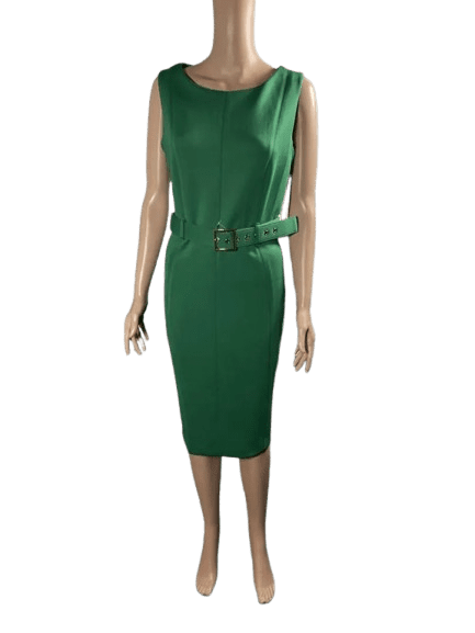 Elegant sleeveless green dress with a belted waist.
