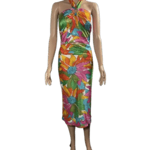 Colorful floral sleeveless bodycon midi dress.