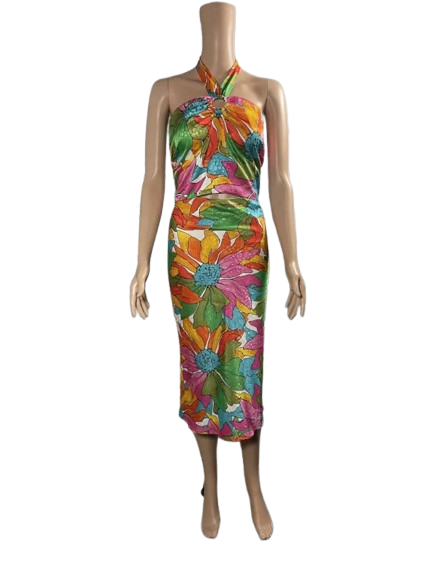 Colorful floral sleeveless bodycon midi dress.