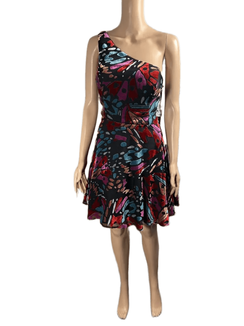 Floral one-shoulder dress with ruffled hem in vibrant colors.
