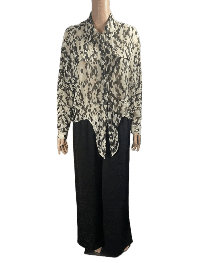 A sheer, long-sleeved leopard print blouse paired with black pants.