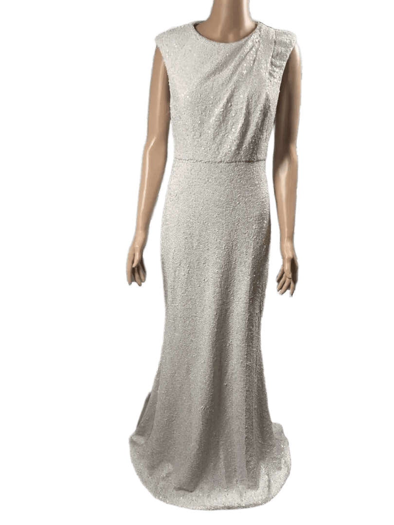 Elegant sleeveless long silver gown on mannequin.