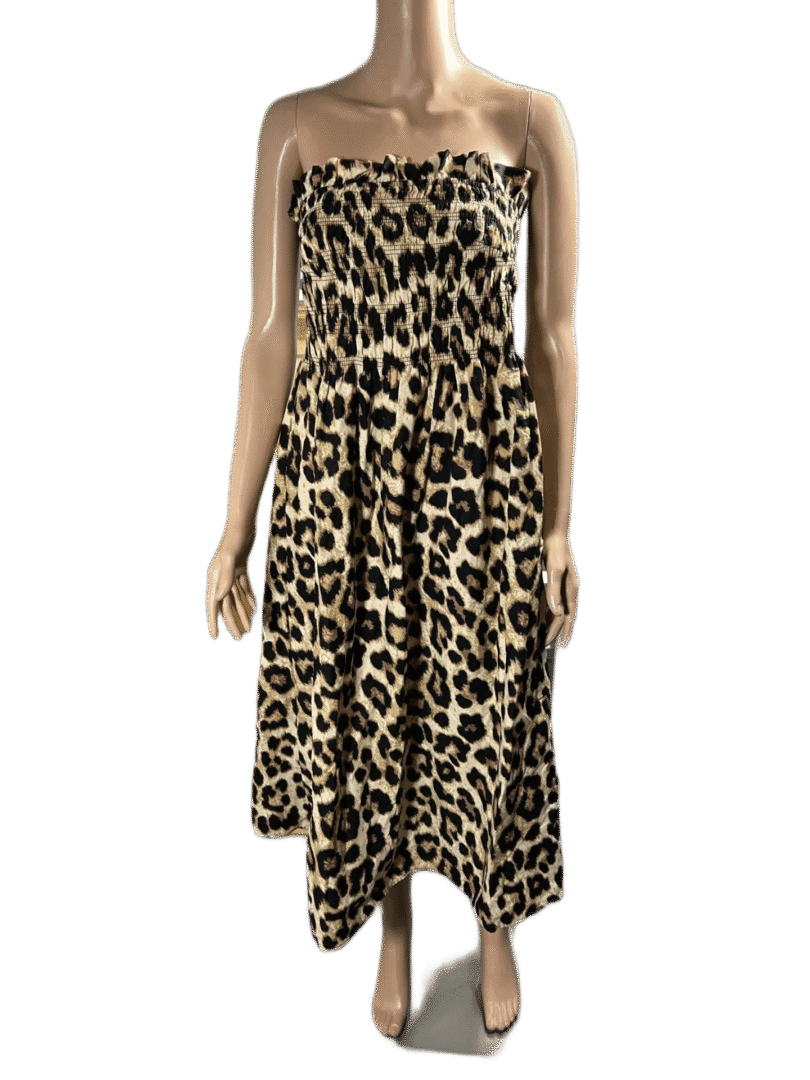 Strapless leopard print midi dress with a flowy skirt.