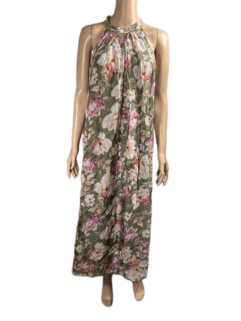 Floral sleeveless maxi dress with a ruffled neckline.