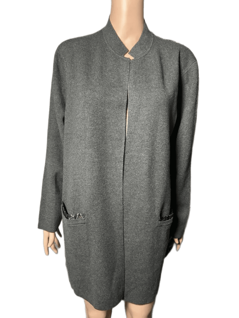 Gray women's long cardigan with pockets and buttons.