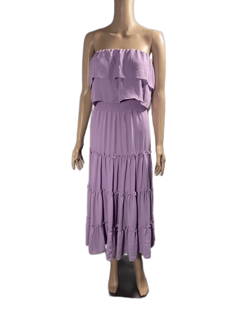 Sleeveless lavender maxi dress with ruffled bodice and tiered skirt.