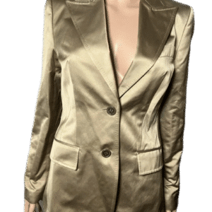 Shiny gold satin blazer with two buttons and lapel collar.