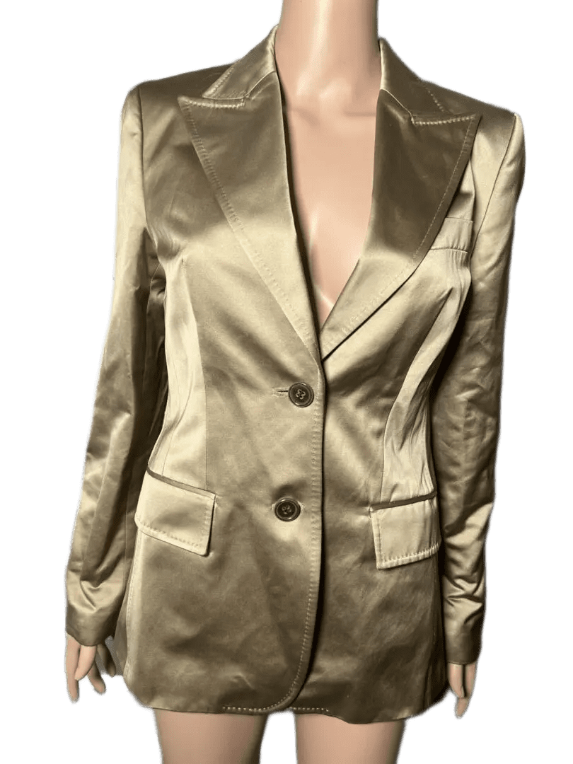 Shiny gold satin blazer with two buttons and lapel collar.