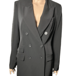 Double-breasted black blazer with classic lapels and flap pockets.