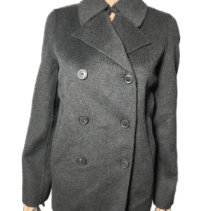 Dark gray double-breasted coat with buttons and collar.