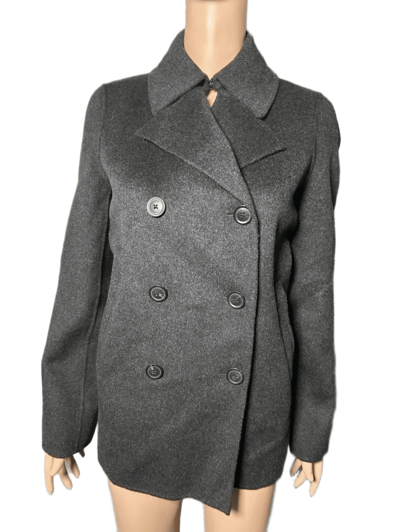 Dark gray double-breasted coat with buttons and collar.