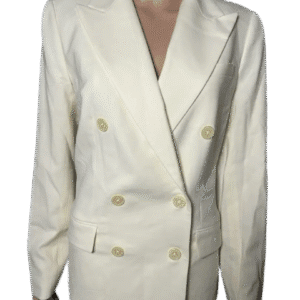 Elegant white double-breasted blazer with gold buttons.