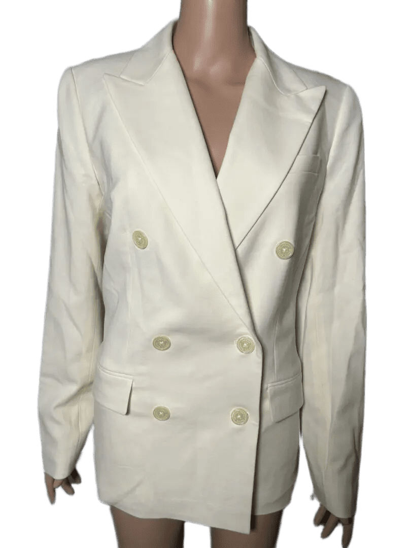 Elegant white double-breasted blazer with gold buttons.