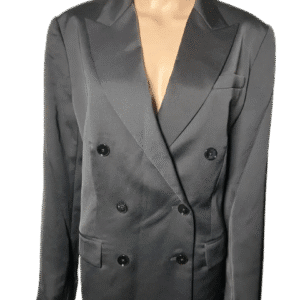 A black double-breasted blazer with satin lapels.