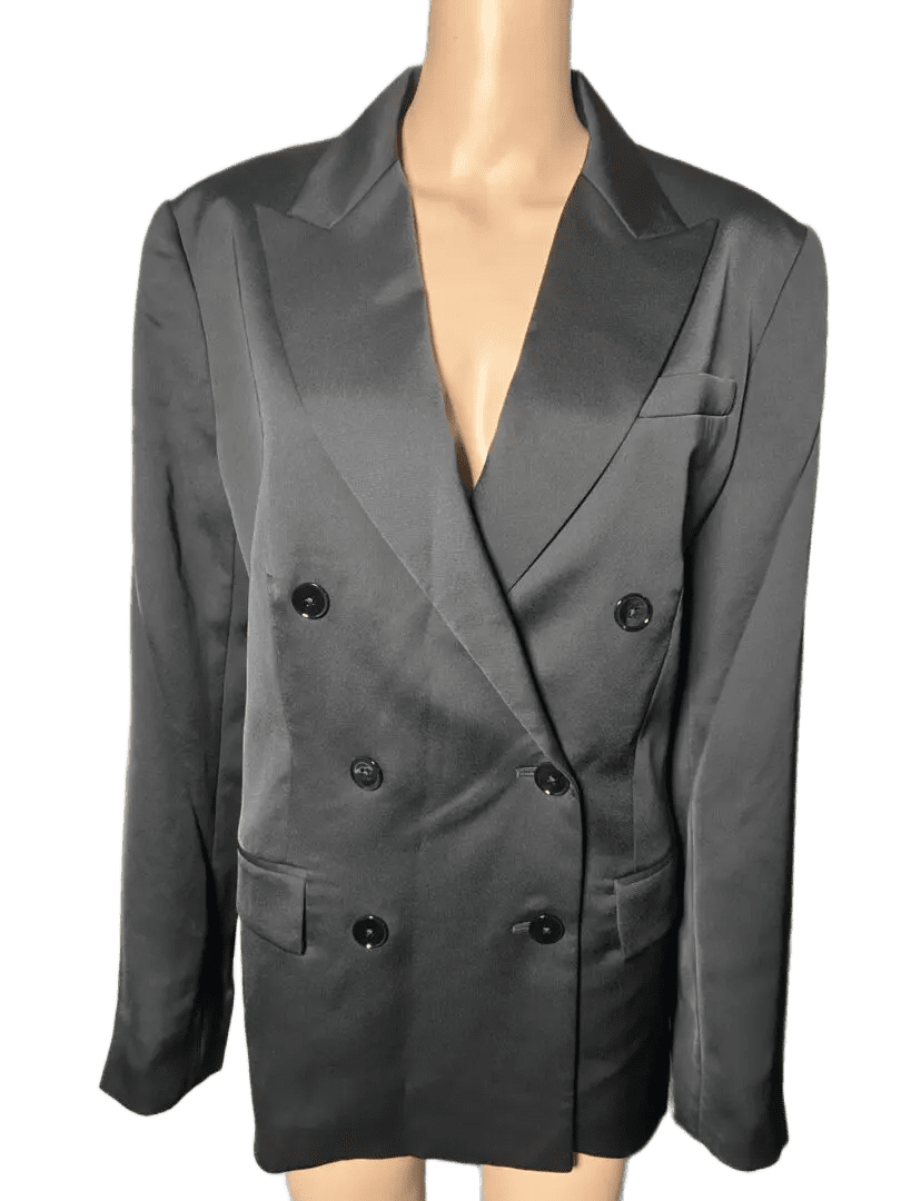 A black double-breasted blazer with satin lapels.