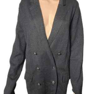 Dark gray double-breasted cardigan with buttons and deep V-neck.