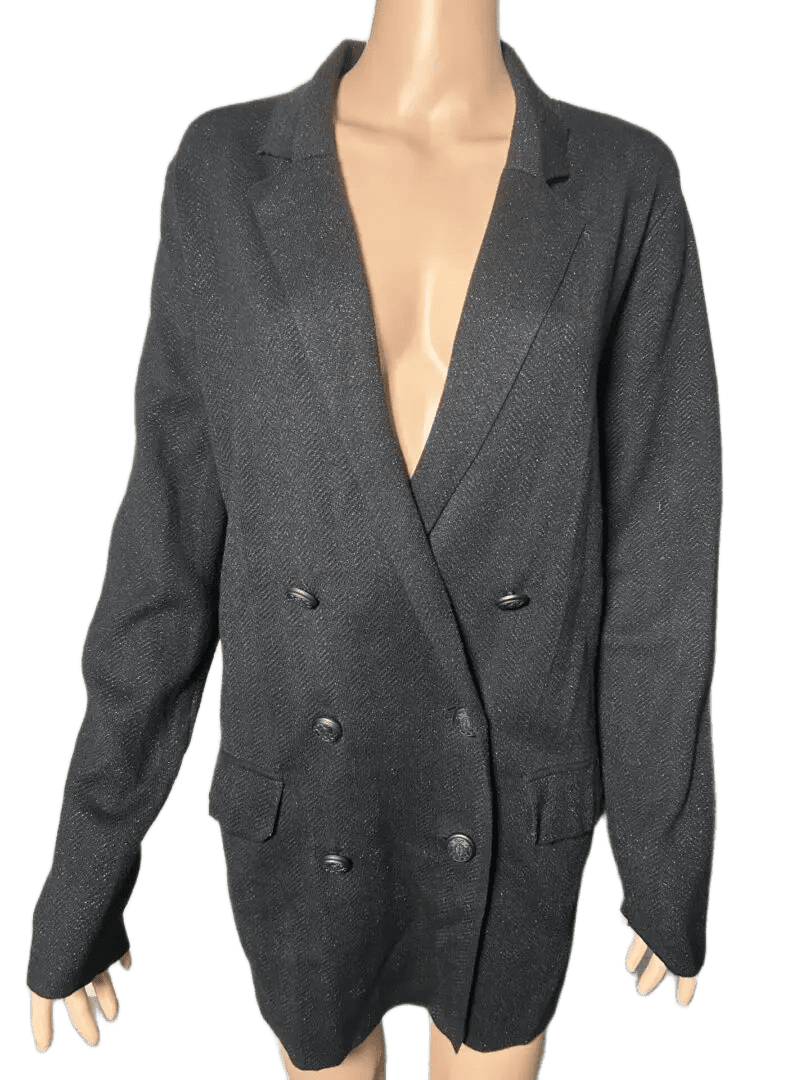 Dark gray double-breasted cardigan with buttons and deep V-neck.