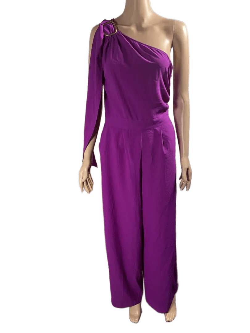 Elegant purple one-shoulder dress with a flowing silhouette.