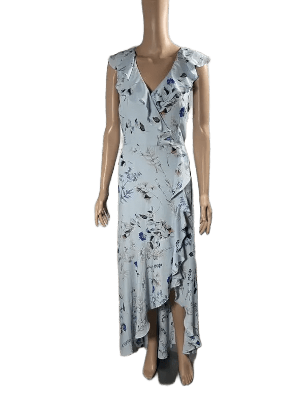 A sleeveless floral dress with a ruffled neckline and high-low hem.