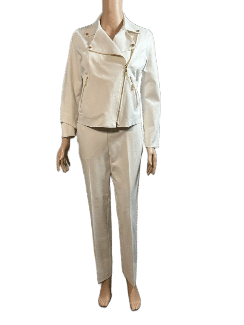 Beige women's pantsuit with tailored jacket and straight-leg pants.