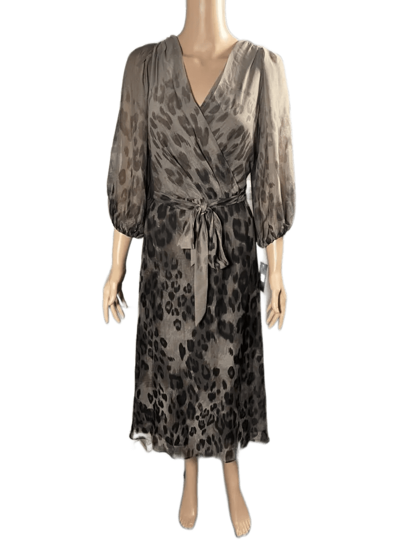 A stylish leopard print dress with long sheer sleeves and a waist tie.