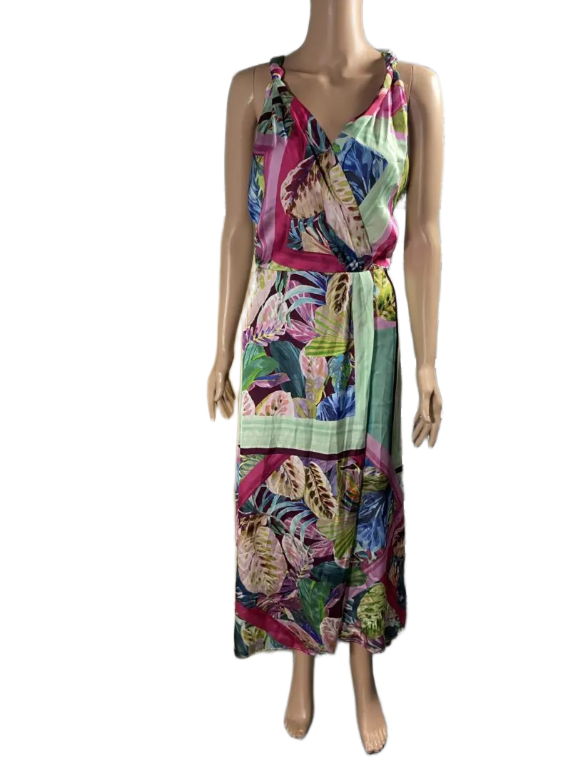 Colorful floral maxi dress with a V-neck and sleeveless design.
