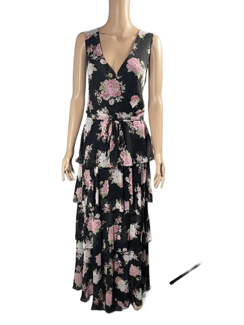Elegant black floral sleeveless maxi dress with a tied waist.