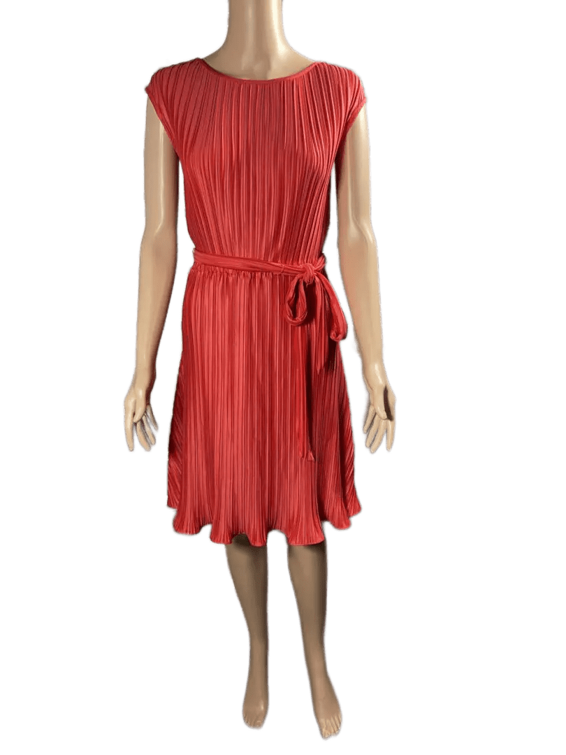 Red pleated knee-length dress with a waist tie.