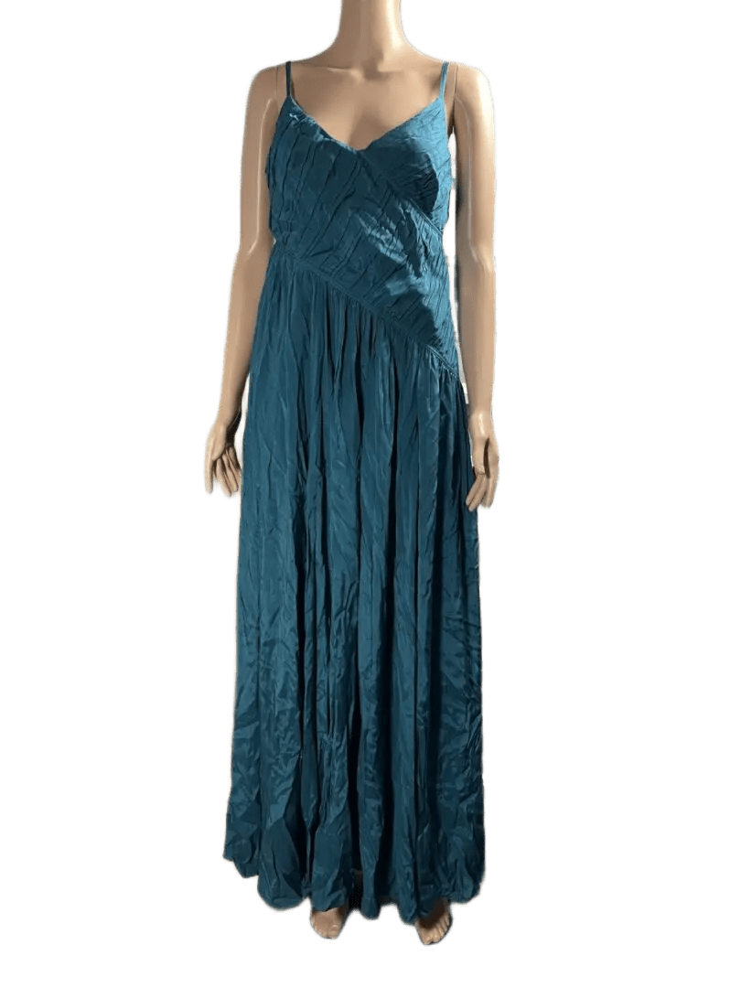 Elegant teal satin evening gown with a fitted bodice and flowing skirt.