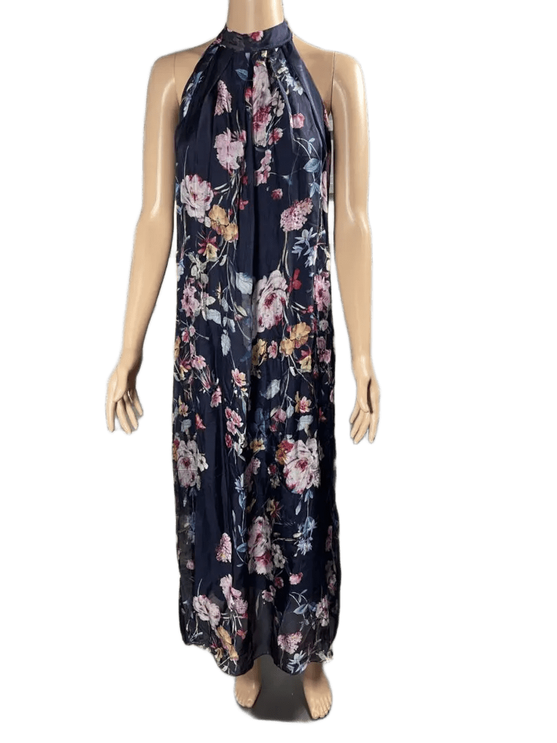 Sleeveless floral maxi dress with dark background and pink flowers.