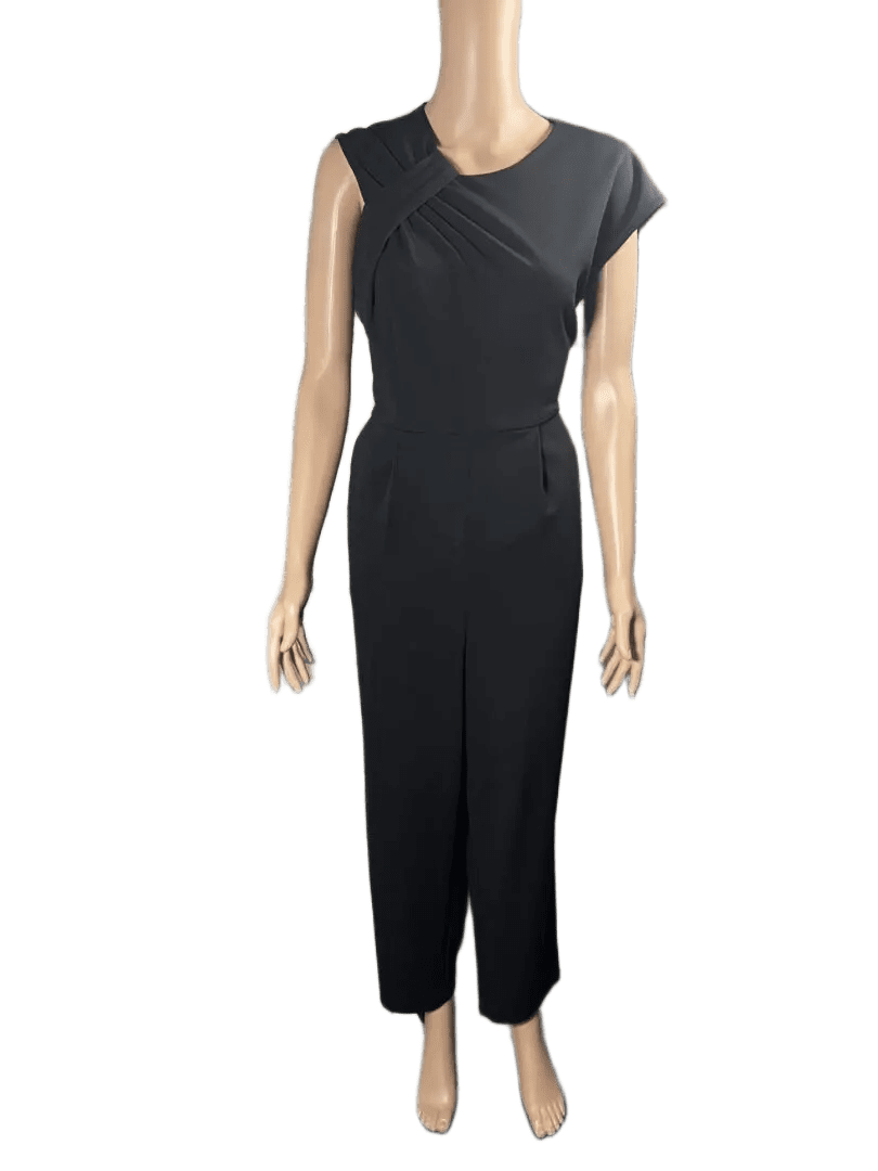 Elegant black sleeveless midi dress with a belt detail.