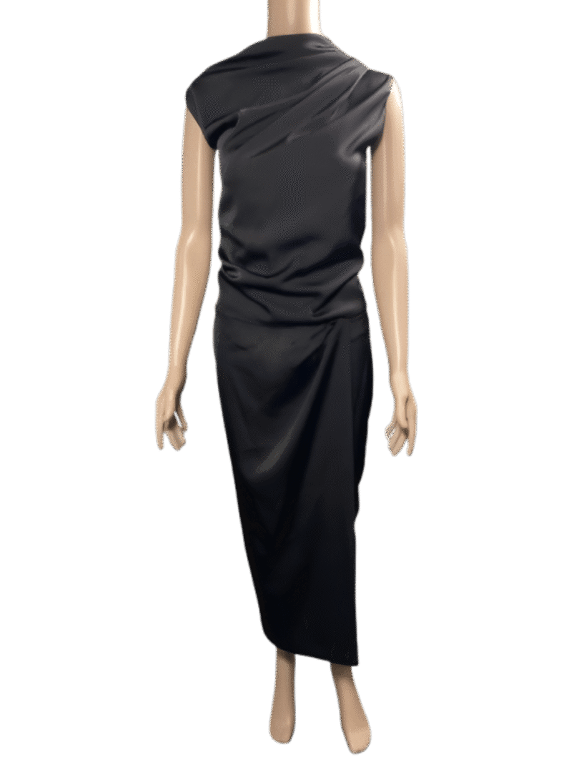 Elegant black sleeveless midi dress with ruched detailing.