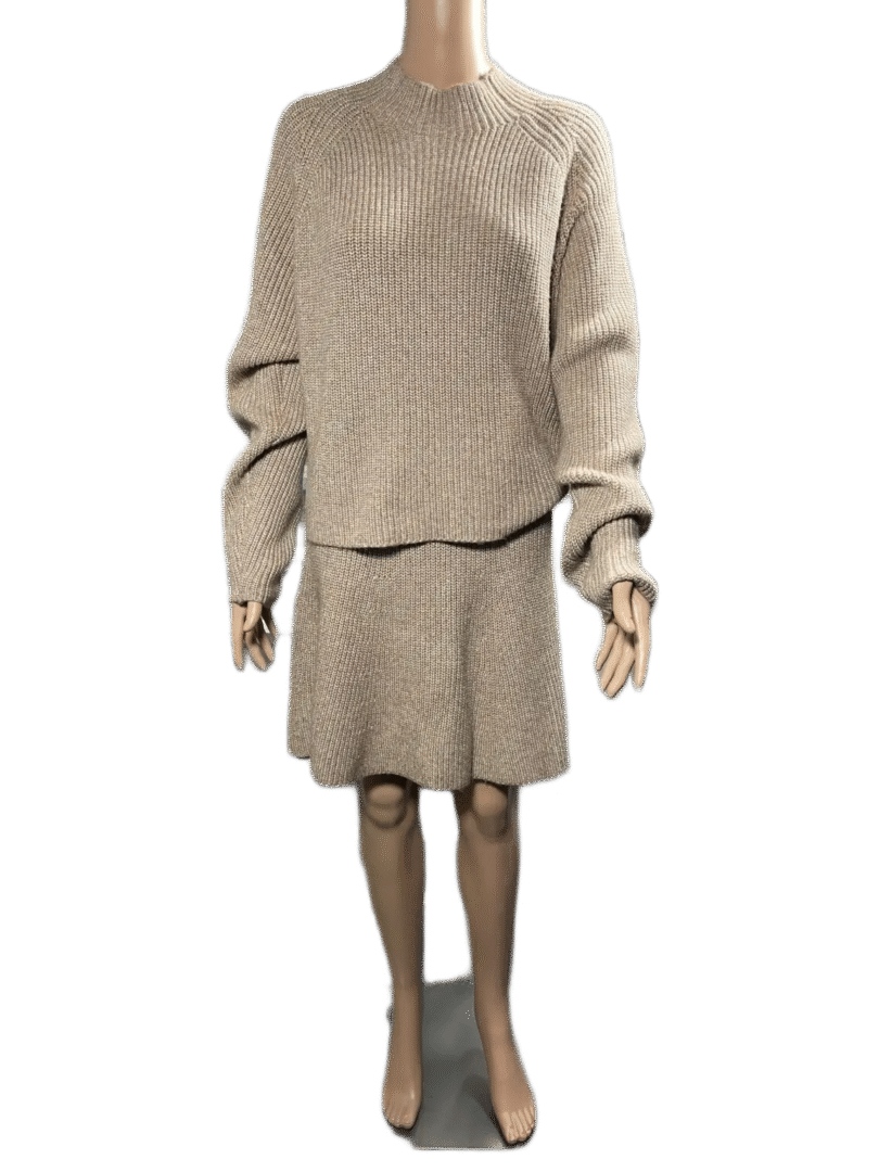 Beige knit sweater and skirt set with a cozy, casual style.