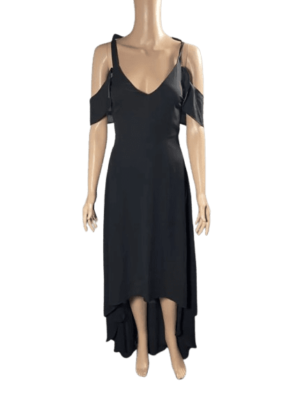 Elegant black off-shoulder dress with a V-neck and asymmetrical hem.