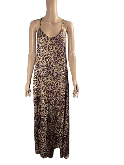 A sleeveless, leopard-print maxi dress with a V-neckline.