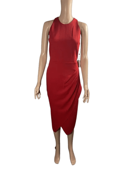 A sleeveless red midi dress with a fitted silhouette.